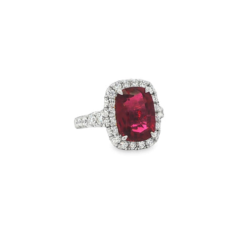 4.00CTW Rubellite 1.29CTW G/SI Cushion Ring set in 18K White Gold