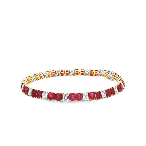 7.62 ctw Red Beryl & Diamond Line Bracelet in 18K Yellow Gold & Platinum, 7