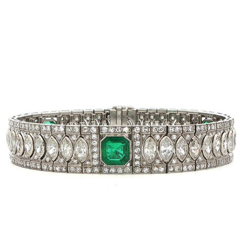 Colombian Emerald & Marquise/Round Diamond Platinum Bracelet