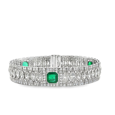 Colombian Emerald & Marquise/Round Diamond Platinum Bracelet
