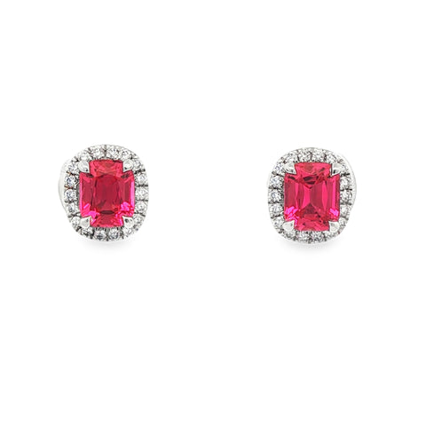 Neon Pink Spinel & Diamond Halo Earrings in Platinum