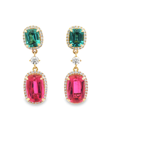 Royal Indigo Tourmaline & Rubellite Cushion Halo Dangle Earrings in 18K Yellow Gold
