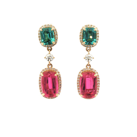 Royal Indigo Tourmaline & Rubellite Cushion Halo Dangle Earrings in 18K Yellow Gold