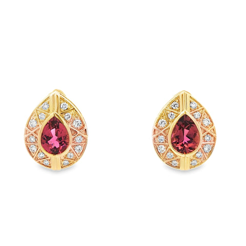 Pink Tourmaline with Diamond Clusters in 18K Yellow Gold Earrings