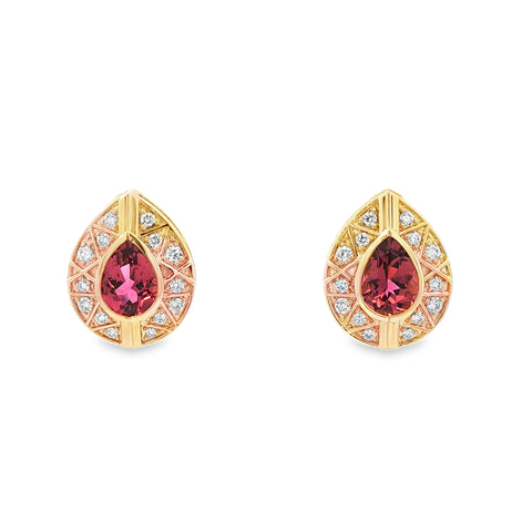 Pink Tourmaline with Diamond Clusters in 18K Yellow Gold Earrings