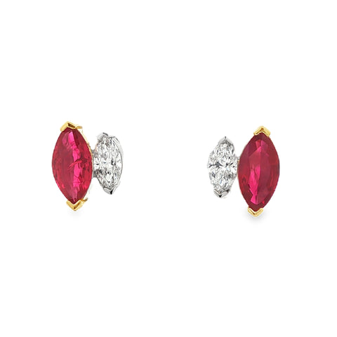 1.63CTW Marquise Ruby with .48CTW Marquise Diamond Stud Earrings set in Platinum & 18K Yellow Gold