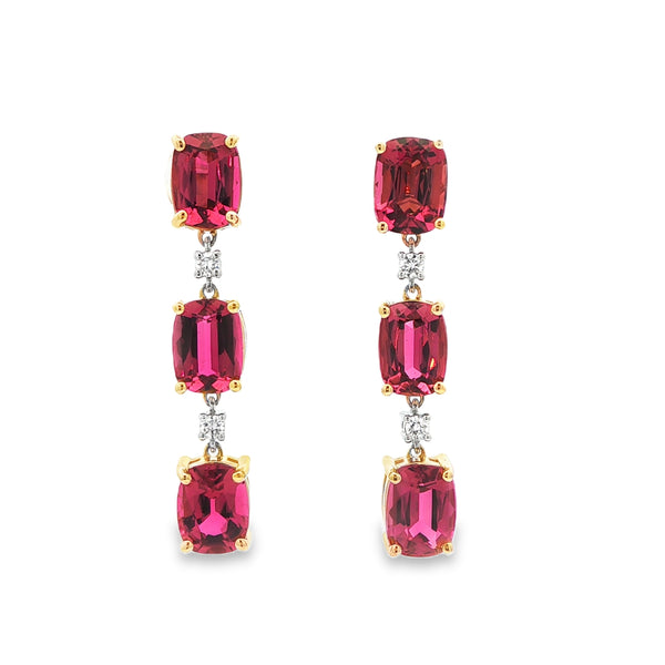 8.00CTW Rubellite Tourmaline .13CTW Diamond Dangle Earrings set in 18K Yellow Gold