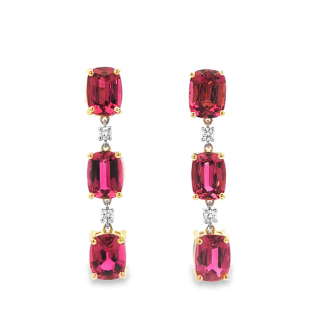 8.00CTW Rubellite Tourmaline .13CTW Diamond Dangle Earrings set in 18K Yellow Gold