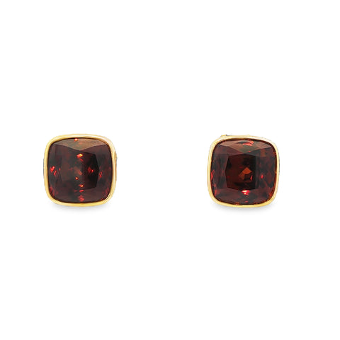 39.13CTW Square Cut Red Zircon Bezel-Set Earrings set in 14K Yellow Gold