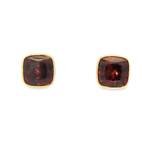 39.13CTW Square Cut Red Zircon Bezel-Set Earrings set in 14K Yellow Gold