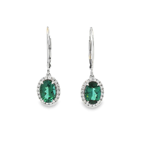 2.94CTW Oval Cut Mint Green Tourmaline with .38CTW Diamond Halo Dangle Earrings set in Platinum