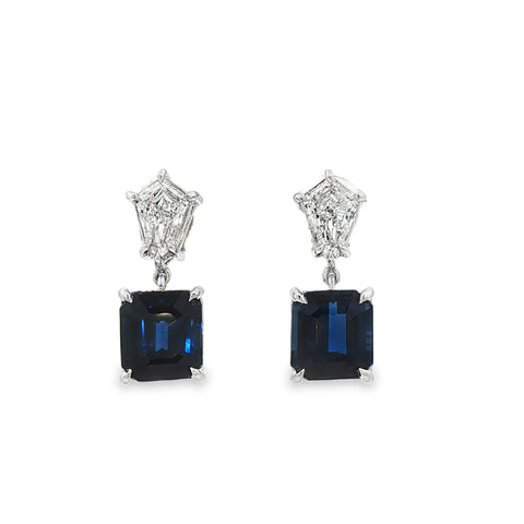 9.42CTW Octagon Sapphires with 1.91CTW Kite Shaped GIA GH/VVS1-VS2 Diamond Dangle Earrings set in Platinum