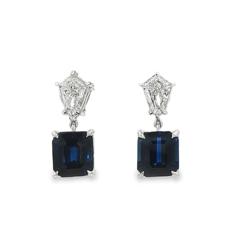 9.42CTW Octagon Sapphires with 1.91CTW Kite Shaped GIA GH/VVS1-VS2 Diamond Dangle Earrings set in Platinum