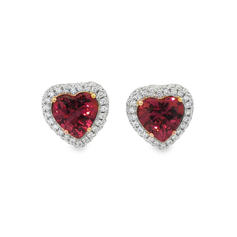 4.42CTW Heart-Shaped Rubellite with .66CTW Diamond Halo Stud Earrings set in Platinum & 18K Yellow Gold