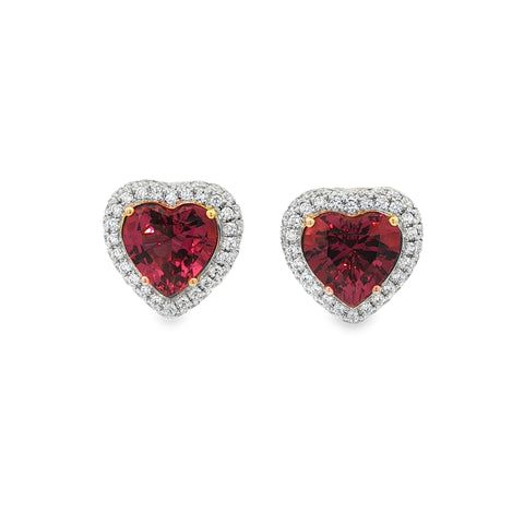 4.42CTW Heart-Shaped Rubellite with .66CTW Diamond Halo Stud Earrings set in Platinum & 18K Yellow Gold