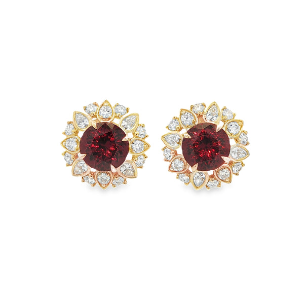 5.48CTW Round Umbalite Garnet with 1.29CTW Pear & Round Diamond Halo Stud Earrings set in 14K Yellow Gold