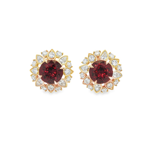 5.48CTW Round Umbalite Garnet with 1.29CTW Pear & Round Diamond Halo Stud Earrings set in 14K Yellow Gold