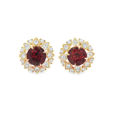 5.48CTW Round Umbalite Garnet with 1.29CTW Pear & Round Diamond Halo Stud Earrings set in 14K Yellow Gold