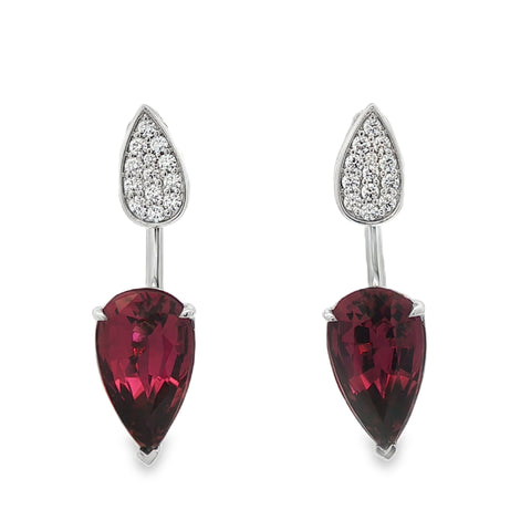 5.69CTW Pear Cut Rubellite with .27CTW Diamond Drop Earrings set in 14K White Gold