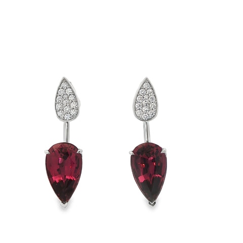 5.69CTW Pear Cut Rubellite with .27CTW Diamond Drop Earrings set in 14K White Gold