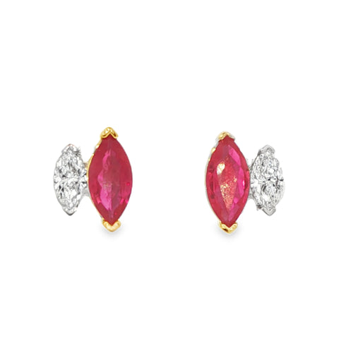 1.53CTW Marquise Ruby & Diamond Stud Earrings set in Platinum & 18K Yellow Gold
