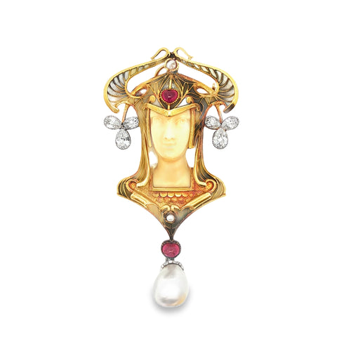 Estate Art Nouveau Léon Gariod Natural Saltwater Pearl, Diamond & Ruby Brooch