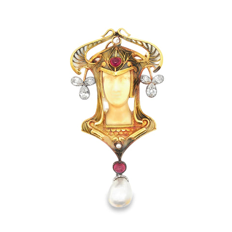 Estate Art Nouveau Léon Gariod Natural Saltwater Pearl, Diamond & Ruby Brooch