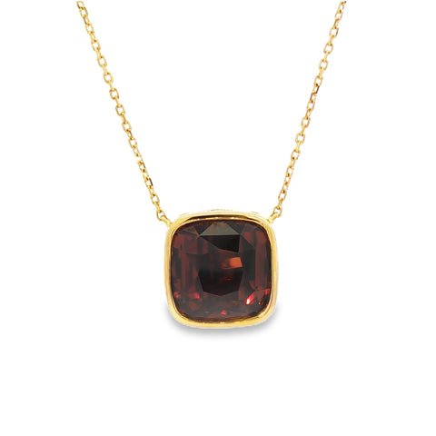 18.04CTW Cushion-Cut Orange Red Zircon Bezel Pendant with Chain set in 18K Yellow Gold
