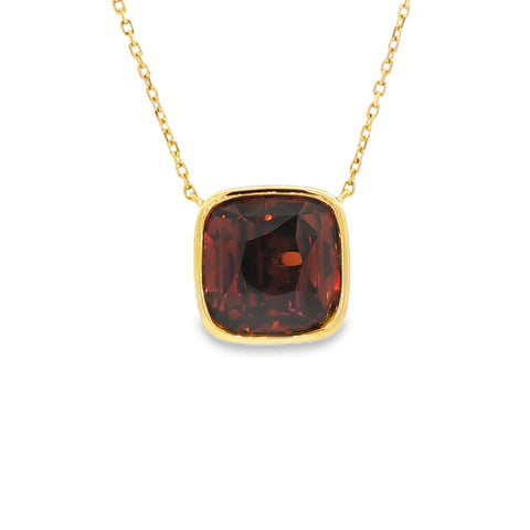 18.04CTW Cushion-Cut Orange Red Zircon Bezel Pendant with Chain set in 18K Yellow Gold
