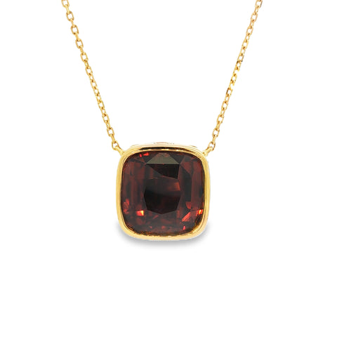 18.04CTW Cushion-Cut Orange Red Zircon Bezel Pendant with Chain set in 18K Yellow Gold