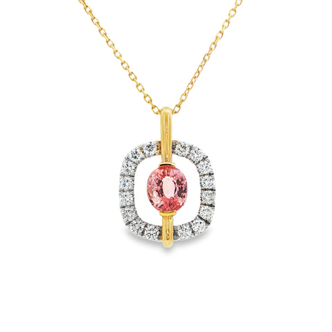 2.01CT Cushion GIA Padparadscha HEATED with .70CTW Open Square Pendant & Chain set in  Platinum & 18K Yellow Gold