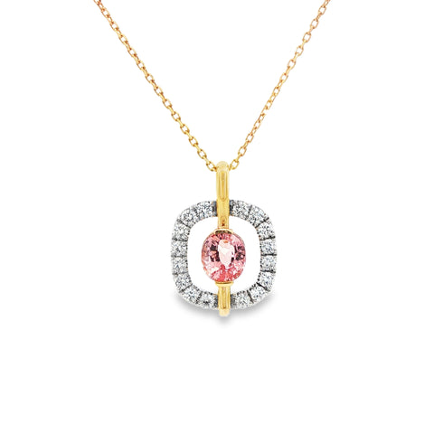 2.01CT Cushion GIA Padparadscha HEATED with .70CTW Open Square Pendant & Chain set in  Platinum & 18K Yellow Gold