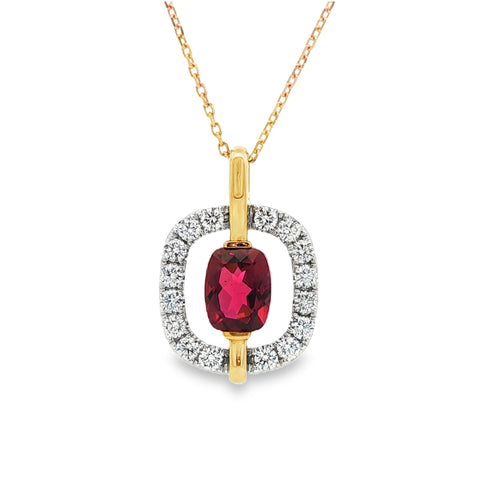 1.99CTW Cushion Rubellite with .90CTW Diamond Square Open Pendant & Chain Necklace set in Platinum & 18K Yellow Gold