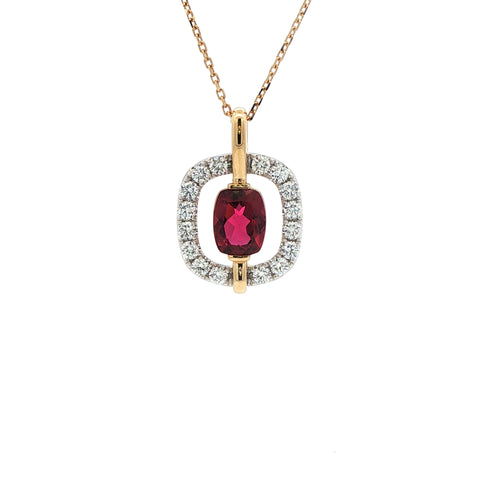 1.99CTW Cushion Rubellite with .90CTW Diamond Square Open Pendant & Chain Necklace set in Platinum & 18K Yellow Gold