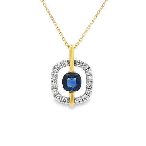 1.58CTW Cushion Blue Sapphire .70CTW Square Open Pendant with Chain set in Platinum 18K Yellow Gold