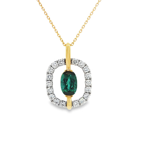 2.72CT Oval Blue-Green Tourmaline & 1.32CTW Square Open Pendant with Chain set in Platinum & 18K Yellow Gold