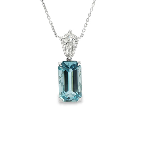 1.70CTW Kite GIA J/SI2 Diamond & Aquamarine Dangle pendant with Chain set in Platinum