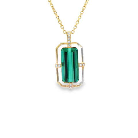 6.96CT Emerald Cut Blue-Green Tourmaline with .08CTW Frame Pendant with Chain set in Platinum & 18K Yellow Gold