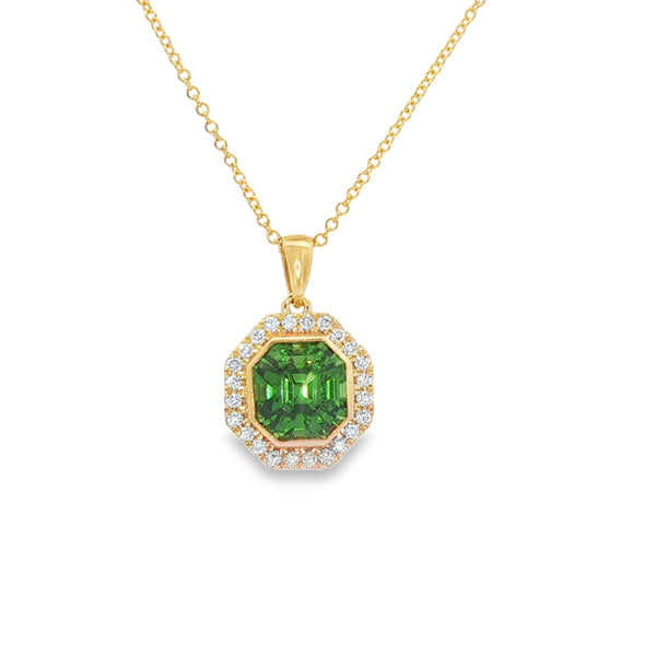2.57CT Octagon Tsavorite with .17CTW Octagon Diamond Halo Pendant & Necklace set in 18K Yellow Gold