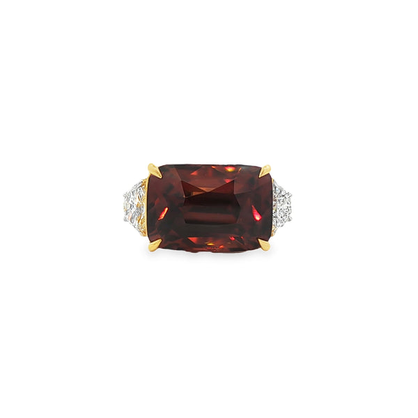 16.56 Cushion Cut Orange Zircon with .61CTW FG/VS1-2 Half Moon 3 Stone Cocktail Ring set in Platinum & 18K Yellow Gold
