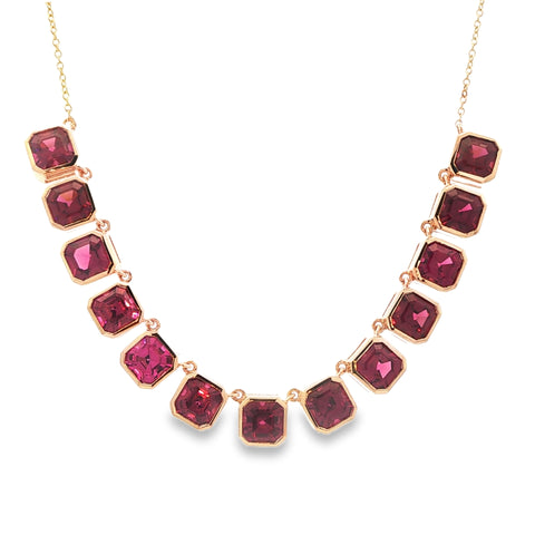 15.47CTW Asscher Cut Rhodolite Garnet Bezel Station Necklace set in 14K Yellow Gold