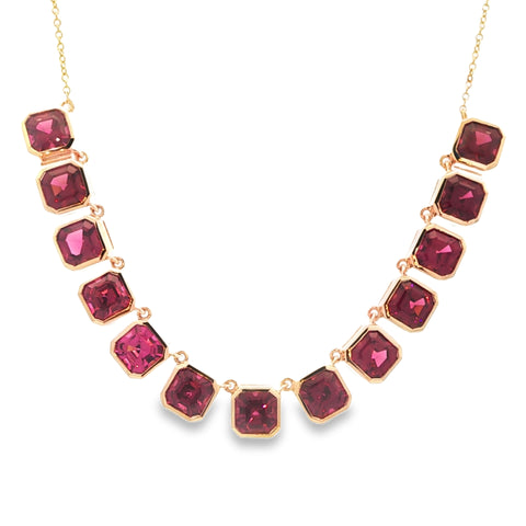15.47CTW Asscher Cut Rhodolite Garnet Bezel Station Necklace set in 14K Yellow Gold