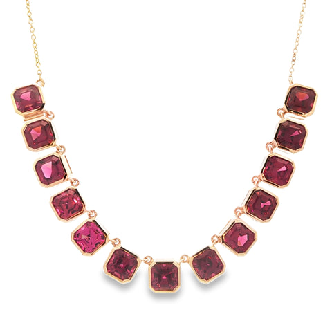 15.47CTW Asscher Cut Rhodolite Garnet Bezel Station Necklace set in 14K Yellow Gold