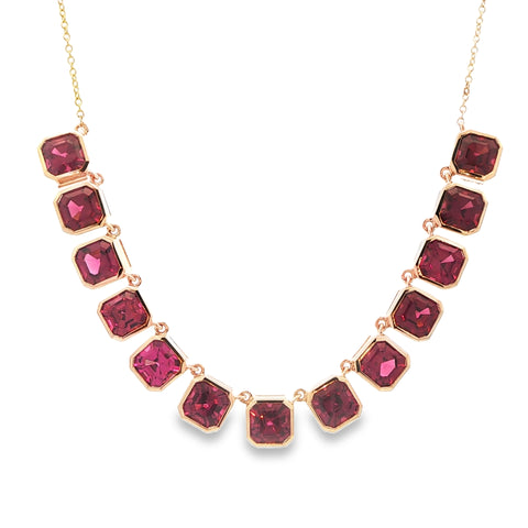 15.47CTW Asscher Cut Rhodolite Garnet Bezel Station Necklace set in 14K Yellow Gold