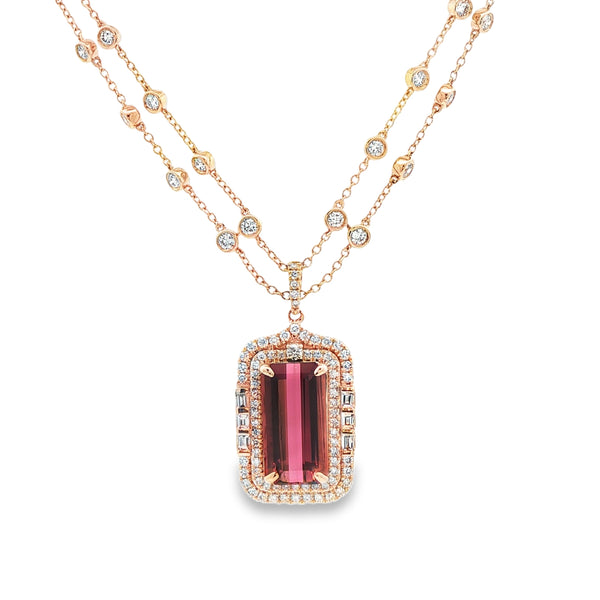 5.64CT Emerald Cut Rubellite with 2.33CTW Diamond Halo Pendant Necklace set in 14K Yellow Gold