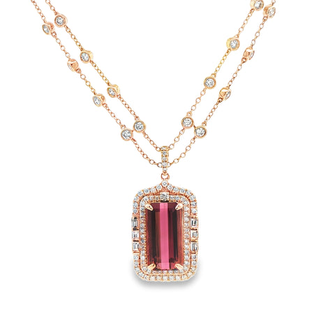 5.64CT Emerald Cut Rubellite with 2.33CTW Diamond Halo Pendant Necklace set in 14K Yellow Gold