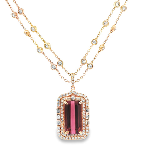 5.64CT Emerald Cut Rubellite with 2.33CTW Diamond Halo Pendant Necklace set in 14K Yellow Gold