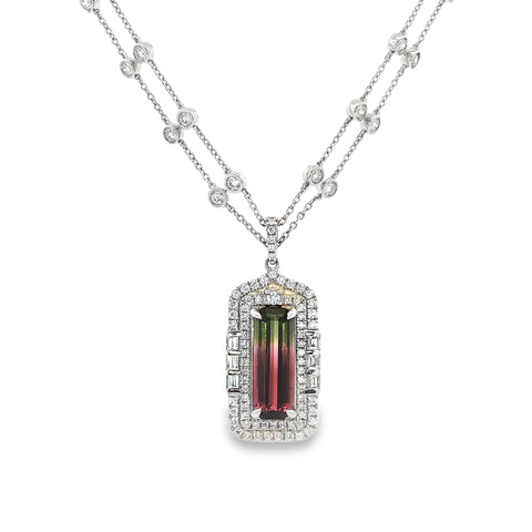 5.08CTW Emerald Cut Bi-Color Tourmaline with 2.33CTW Diamond Halo Pendant & Chain set in Platinum