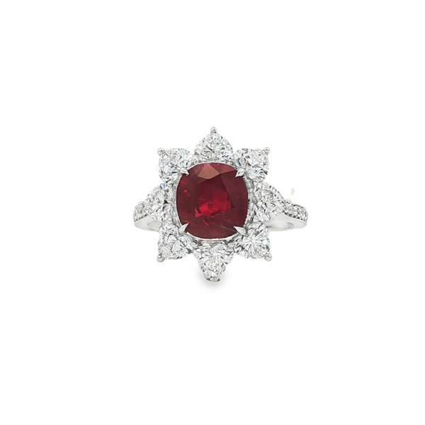 2.55CT Oval Cut Ruby with 2.16CTW Round Diamond Halo Ring set in 18K White Gold