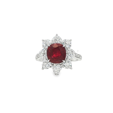 2.55CT Oval Cut Ruby with 2.16CTW Round Diamond Halo Ring set in 18K White Gold